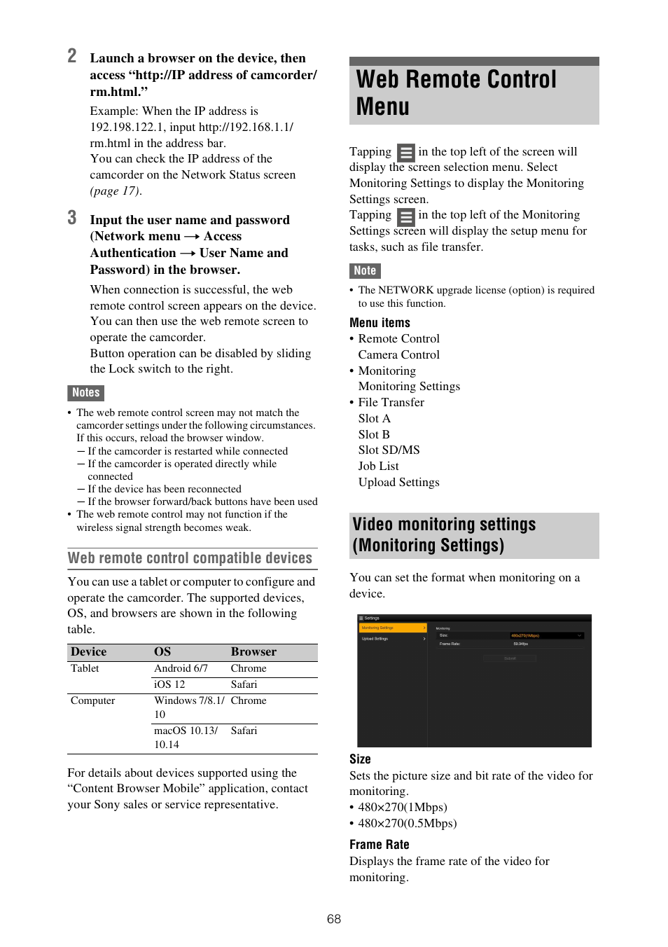 Web remote control menu, Video monitoring settings (monitoring settings), Web remote control compatible devices | Sony ZV-1F Vlogging Camera (Black) User Manual | Page 68 / 160