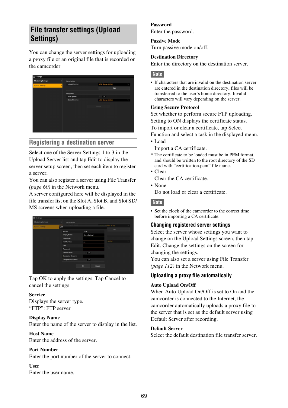 File transfer settings (upload settings), Registering a destination, Registering a destination server | Uploading a proxy file, Registering | Sony ZV-1F Vlogging Camera (Black) User Manual | Page 69 / 160