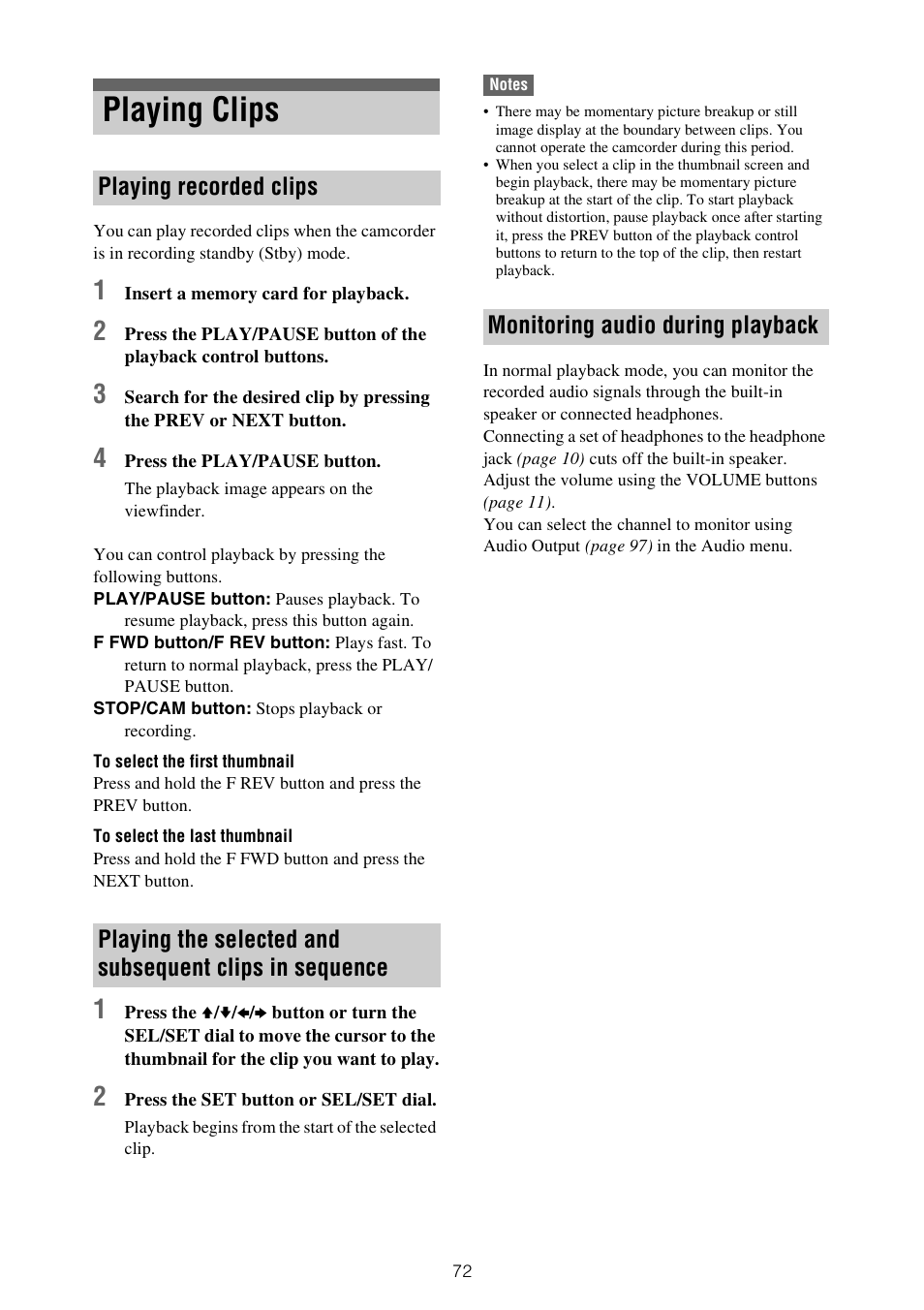 Playing clips, Sequence, Monitoring audio during playback | Button | Sony ZV-1F Vlogging Camera (Black) User Manual | Page 72 / 160