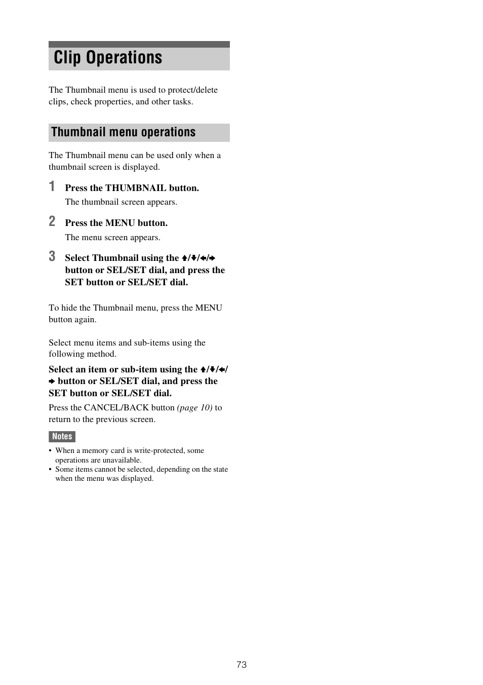 Clip operations, Thumbnail menu operations | Sony ZV-1F Vlogging Camera (Black) User Manual | Page 73 / 160