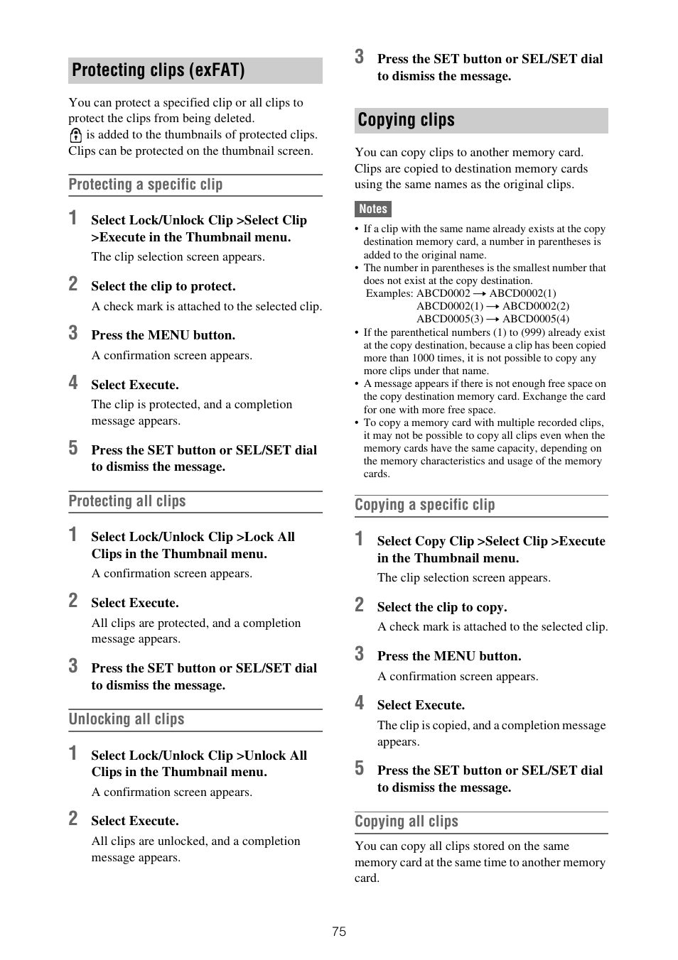 Protecting clips (exfat) copying clips | Sony ZV-1F Vlogging Camera (Black) User Manual | Page 75 / 160
