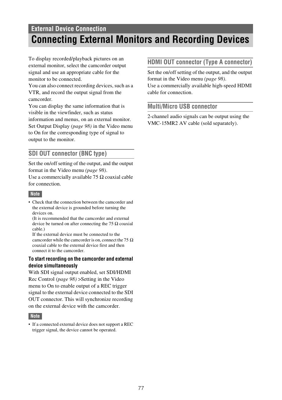 External device connection, Connecting external monitors and recording devices, Sdi out connector (bnc type) | Hdmi out connector (type a connector), Multi/micro usb connector | Sony ZV-1F Vlogging Camera (Black) User Manual | Page 77 / 160