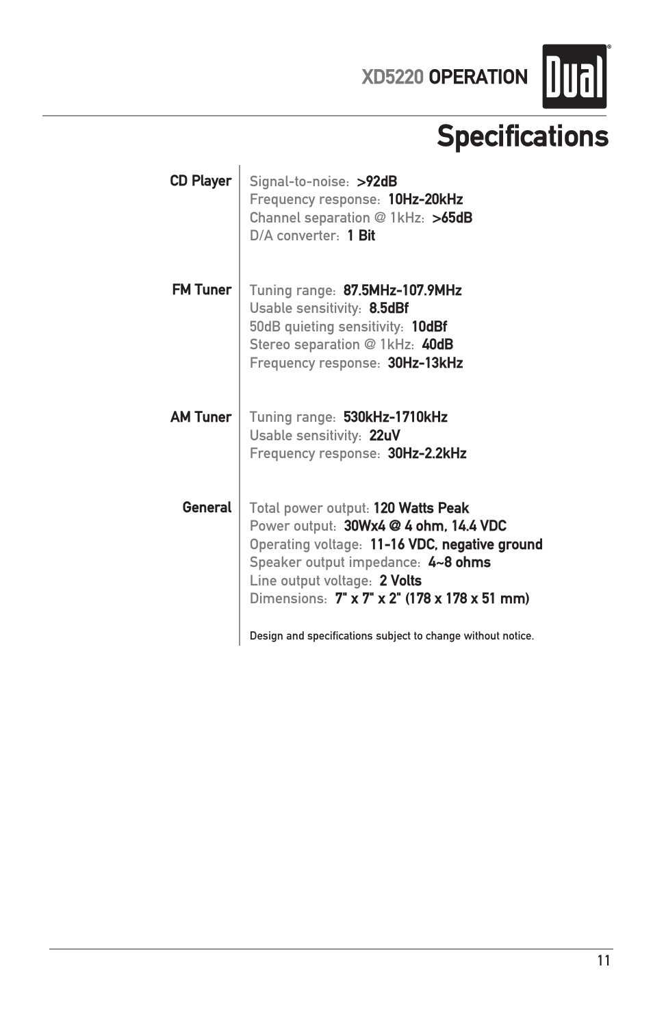 Specifications, Xd5220 operation | Dual XD5220 User Manual | Page 11 / 12