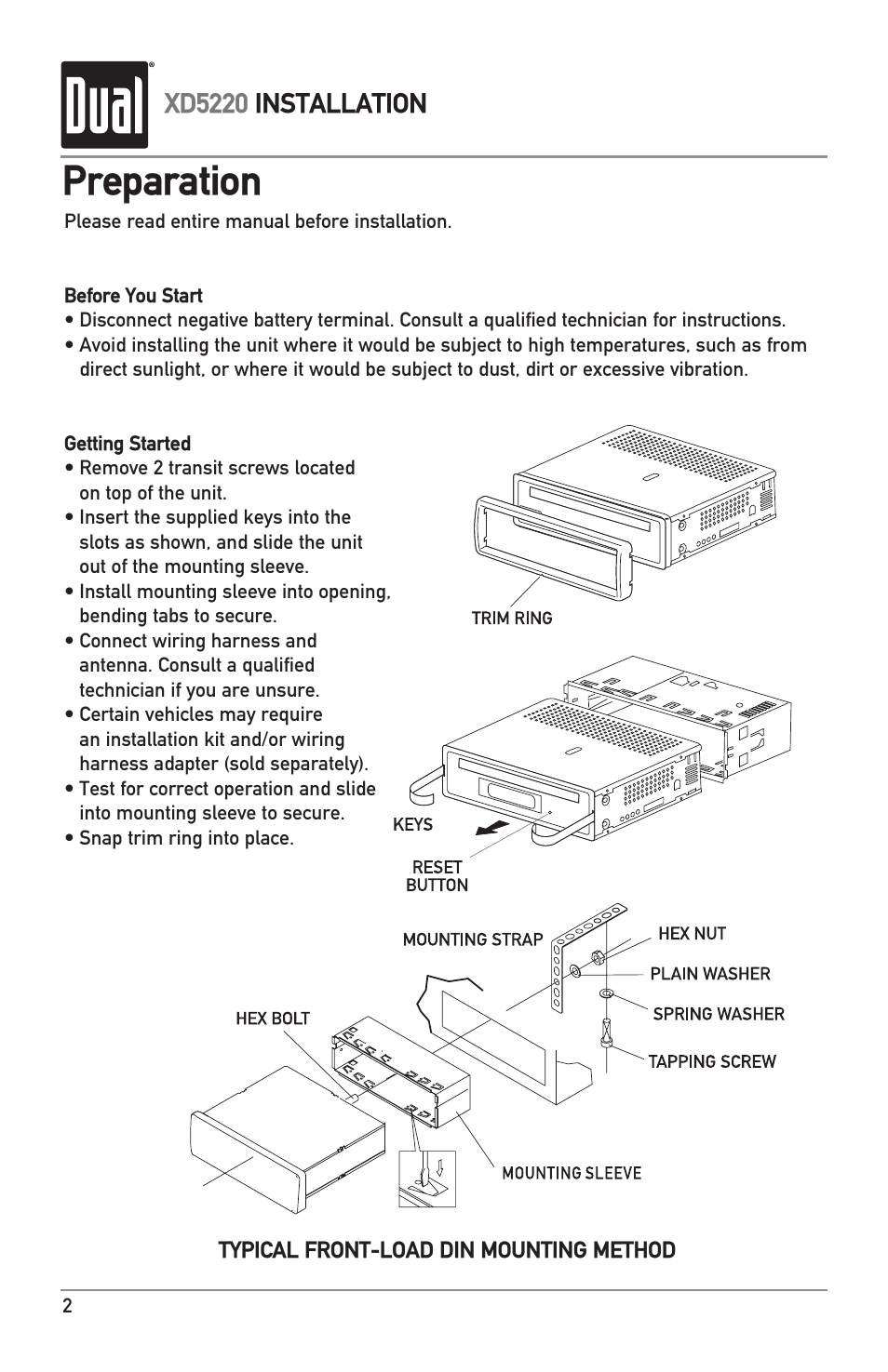 Preparation, Xd5220 installation | Dual XD5220 User Manual | Page 2 / 12