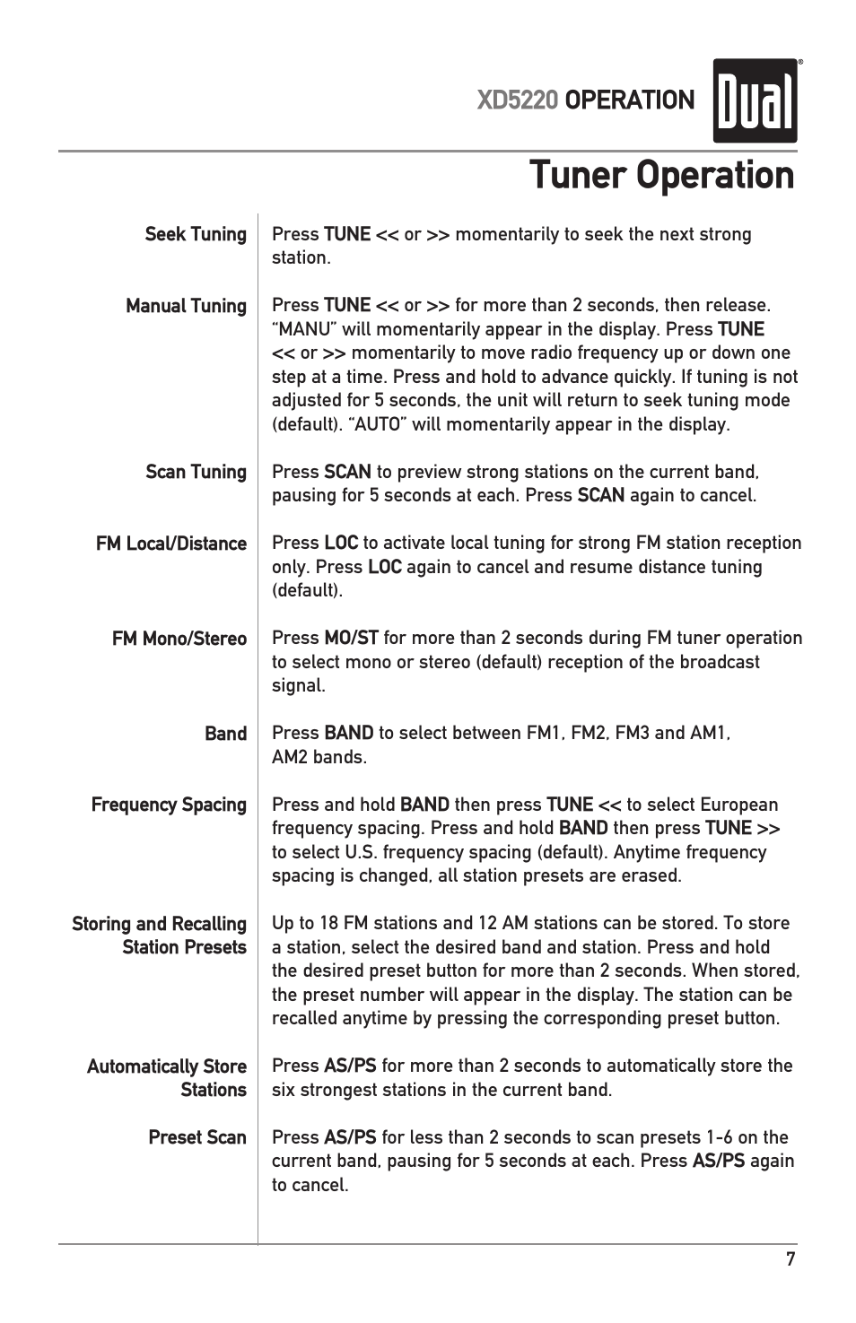 Tuner operation, Xd5220 operation | Dual XD5220 User Manual | Page 7 / 12