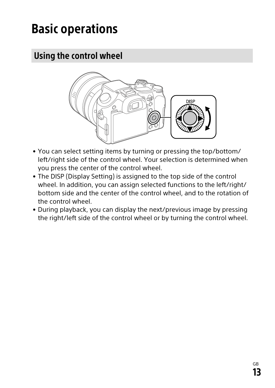 Basic operations, Using the control wheel | Sony VENICE 2 Digital Motion Picture Camera (8K) User Manual | Page 13 / 40