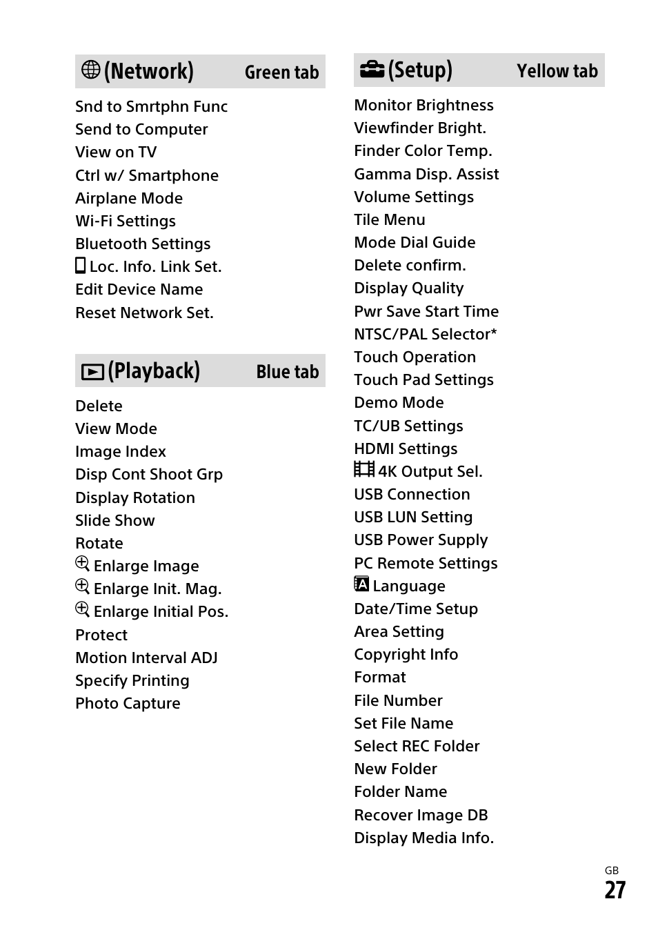 Network), Playback), Setup) | Sony VENICE 2 Digital Motion Picture Camera (8K) User Manual | Page 27 / 40