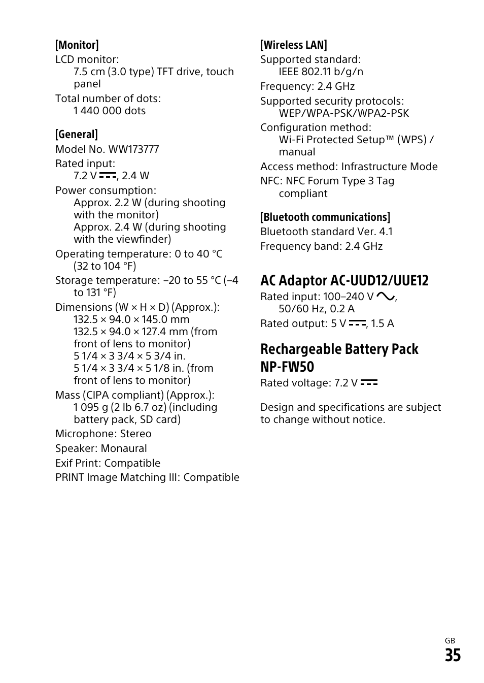 Ac adaptor ac-uud12/uue12, Rechargeable battery pack np-fw50 | Sony VENICE 2 Digital Motion Picture Camera (8K) User Manual | Page 35 / 40