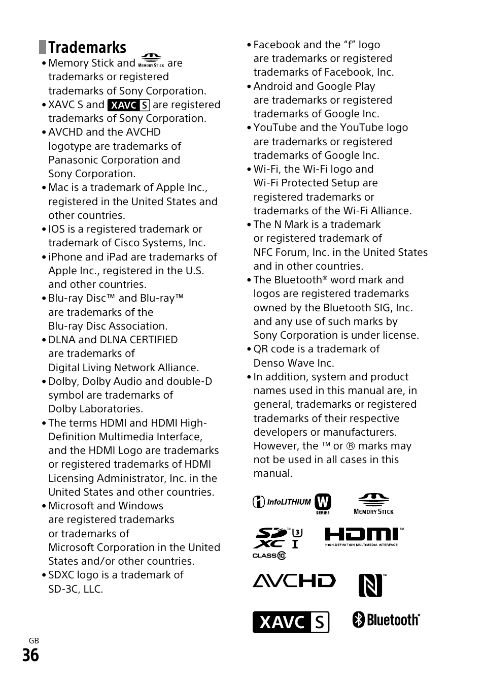 Trademarks | Sony VENICE 2 Digital Motion Picture Camera (8K) User Manual | Page 36 / 40