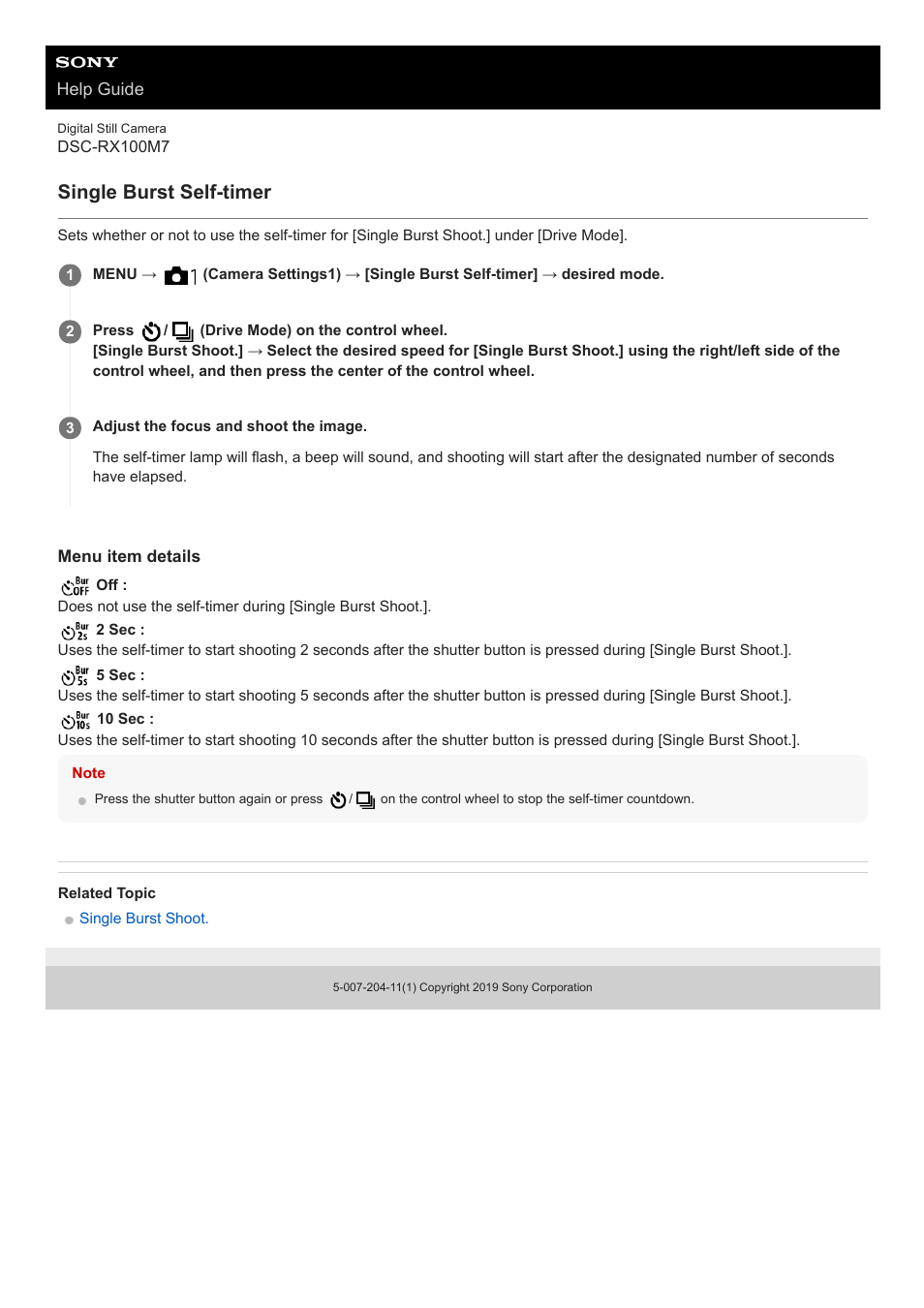 Single burst self-timer | Sony VENICE 4K Live Bundle with MultiDyne SilverBack Fiber-Optic Adapter User Manual | Page 108 / 634