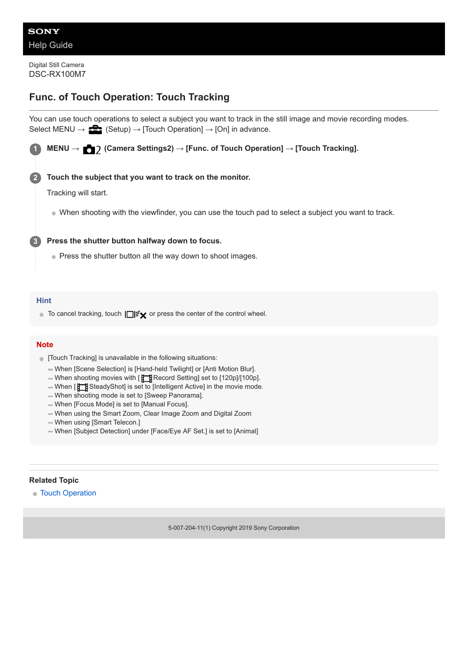 Func. of touch operation: touch tracking, Help guide | Sony VENICE 4K Live Bundle with MultiDyne SilverBack Fiber-Optic Adapter User Manual | Page 127 / 634