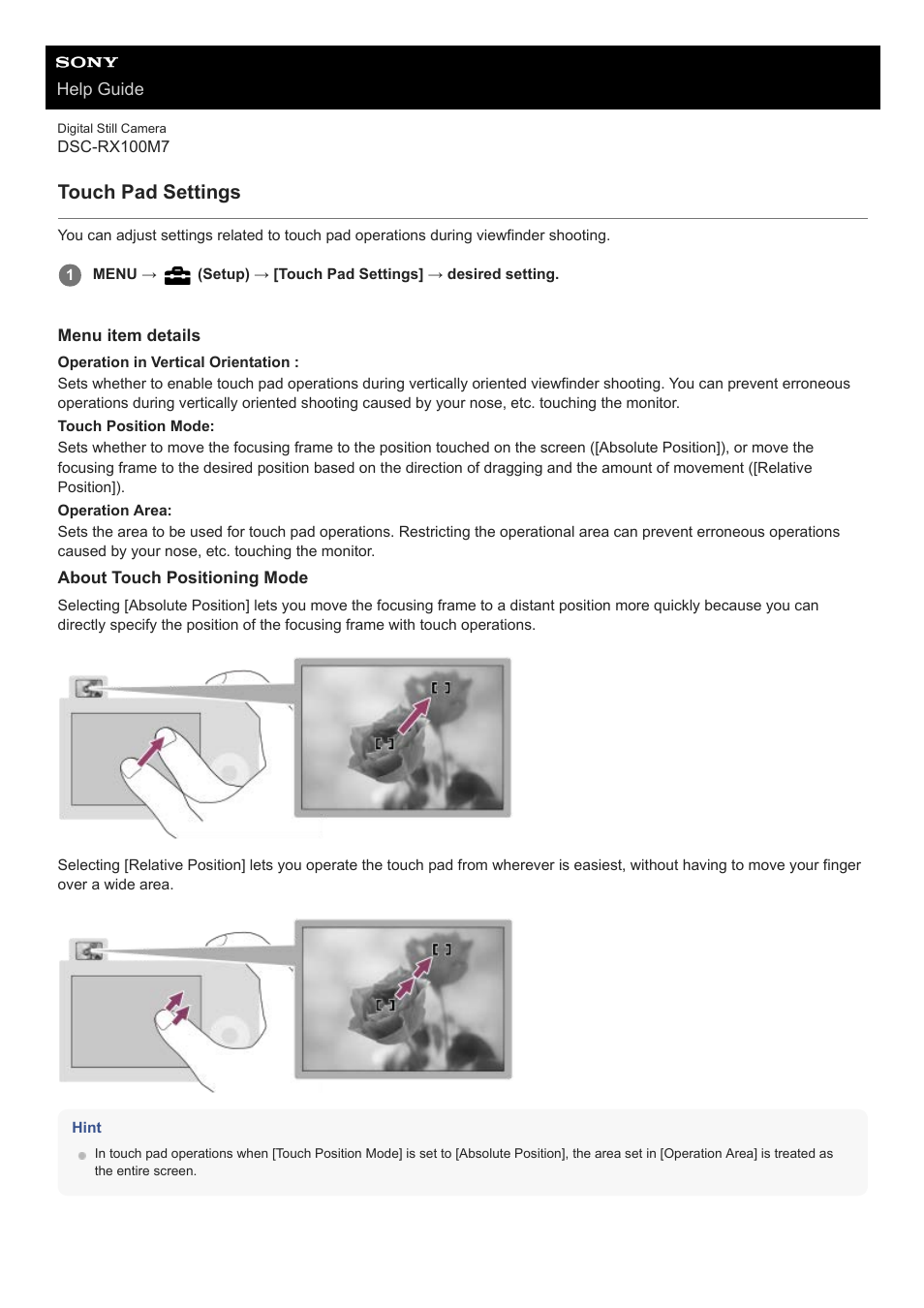 Touch pad settings | Sony VENICE 4K Live Bundle with MultiDyne SilverBack Fiber-Optic Adapter User Manual | Page 128 / 634