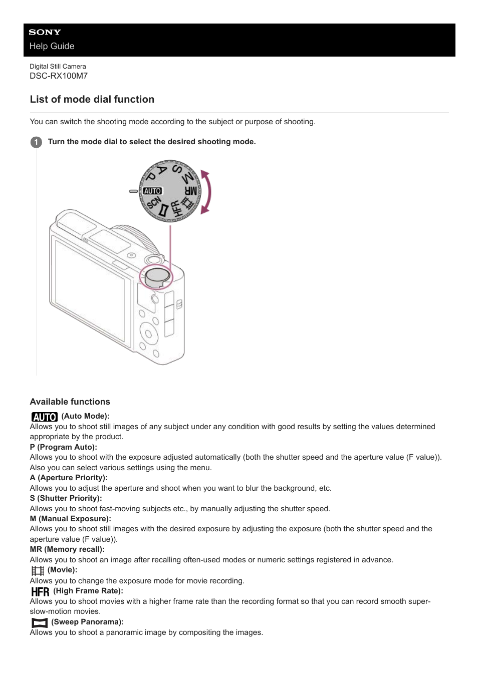 List of mode dial function | Sony VENICE 4K Live Bundle with MultiDyne SilverBack Fiber-Optic Adapter User Manual | Page 137 / 634