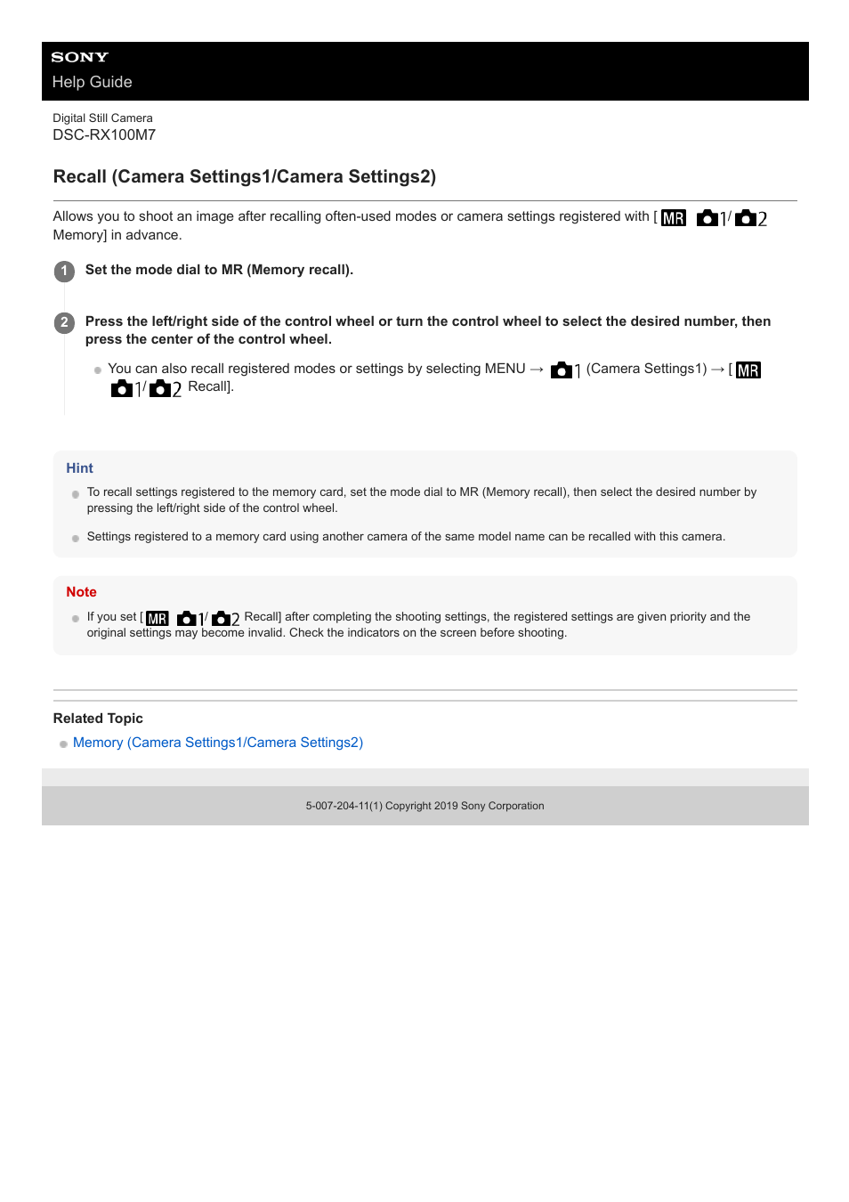 Recall (camera settings1/camera settings2) | Sony VENICE 4K Live Bundle with MultiDyne SilverBack Fiber-Optic Adapter User Manual | Page 156 / 634