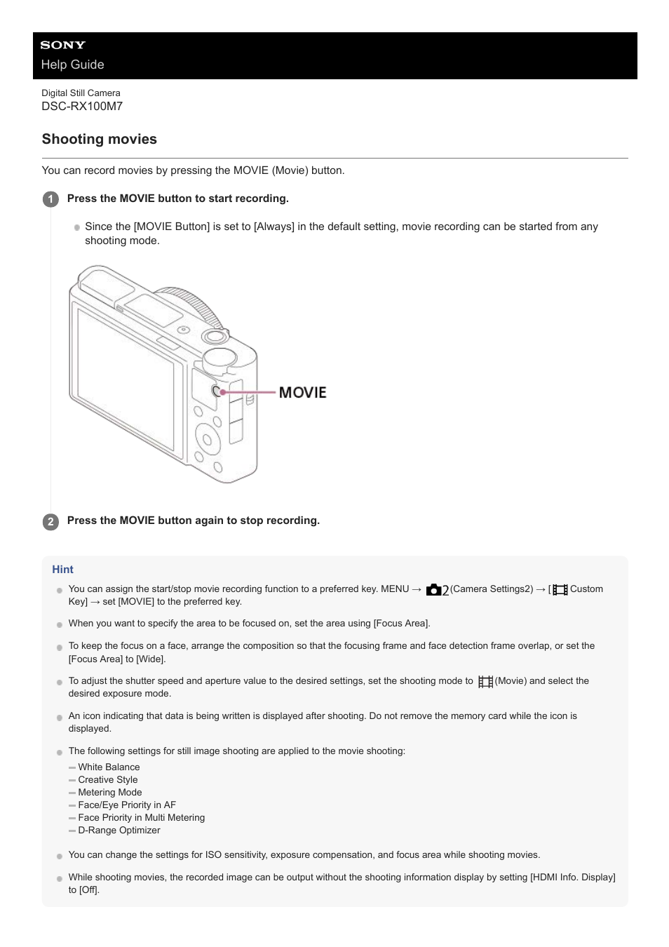 Shooting movies, Help guide | Sony VENICE 4K Live Bundle with MultiDyne SilverBack Fiber-Optic Adapter User Manual | Page 216 / 634