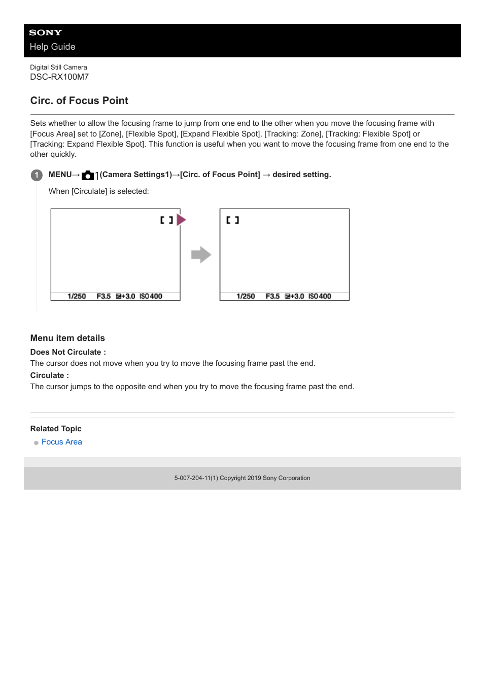 Circ. of focus point | Sony VENICE 4K Live Bundle with MultiDyne SilverBack Fiber-Optic Adapter User Manual | Page 423 / 634