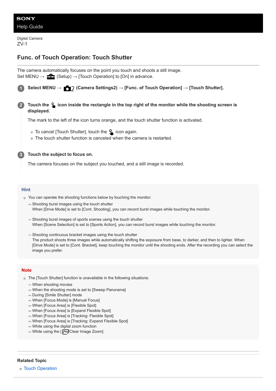 Func. of touch operation: touch shutter | Sony Airpeak S1 Professional Drone User Manual | Page 101 / 555