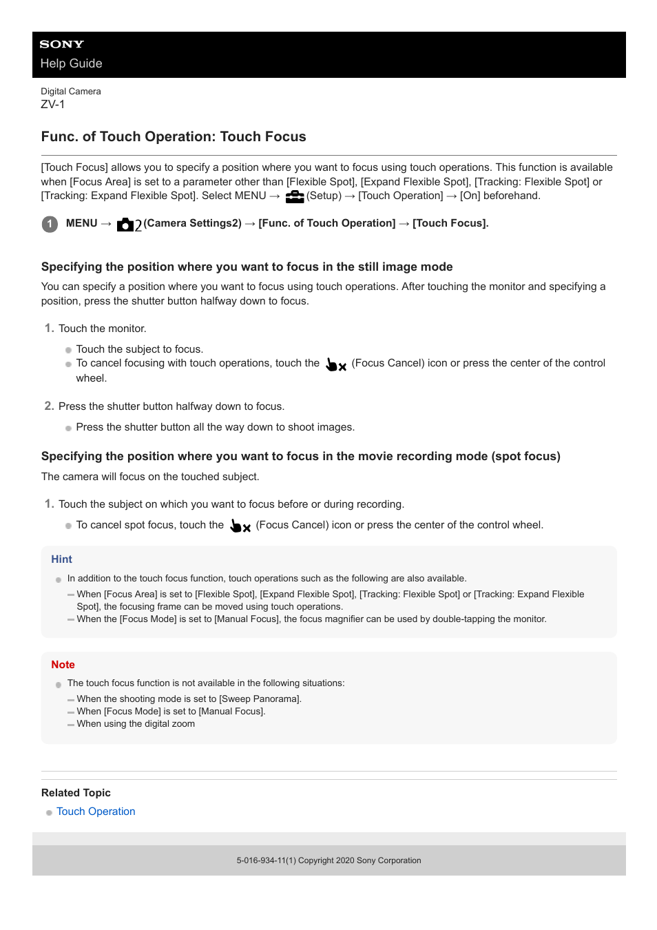 Func. of touch operation: touch focus | Sony Airpeak S1 Professional Drone User Manual | Page 103 / 555