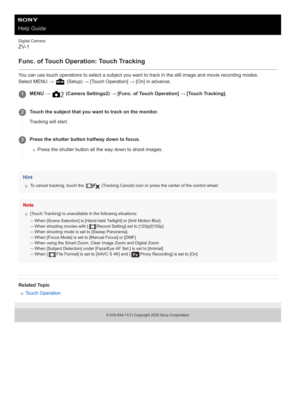 Func. of touch operation: touch tracking, Help guide | Sony Airpeak S1 Professional Drone User Manual | Page 104 / 555