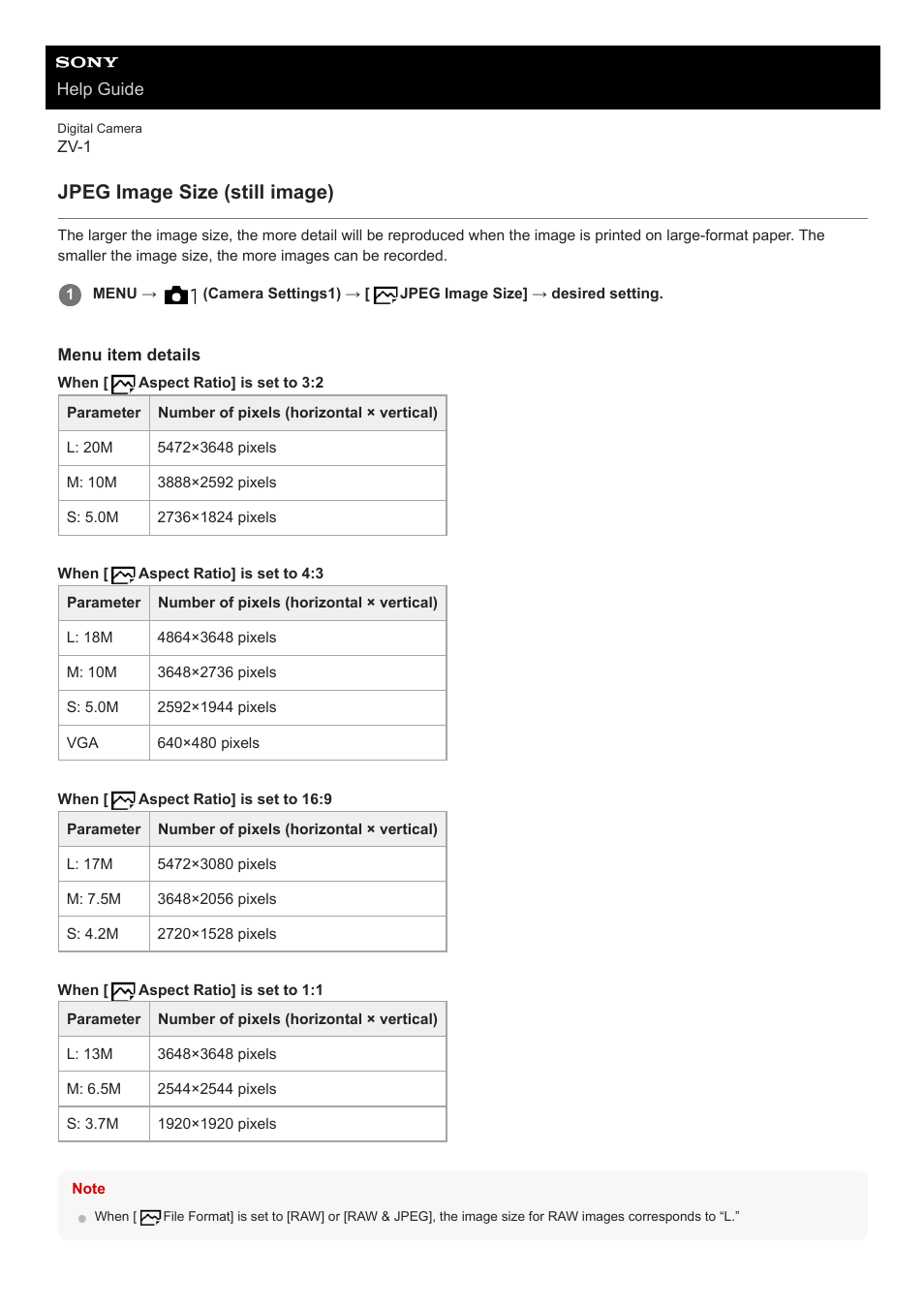 Jpeg image size (still image) | Sony Airpeak S1 Professional Drone User Manual | Page 107 / 555