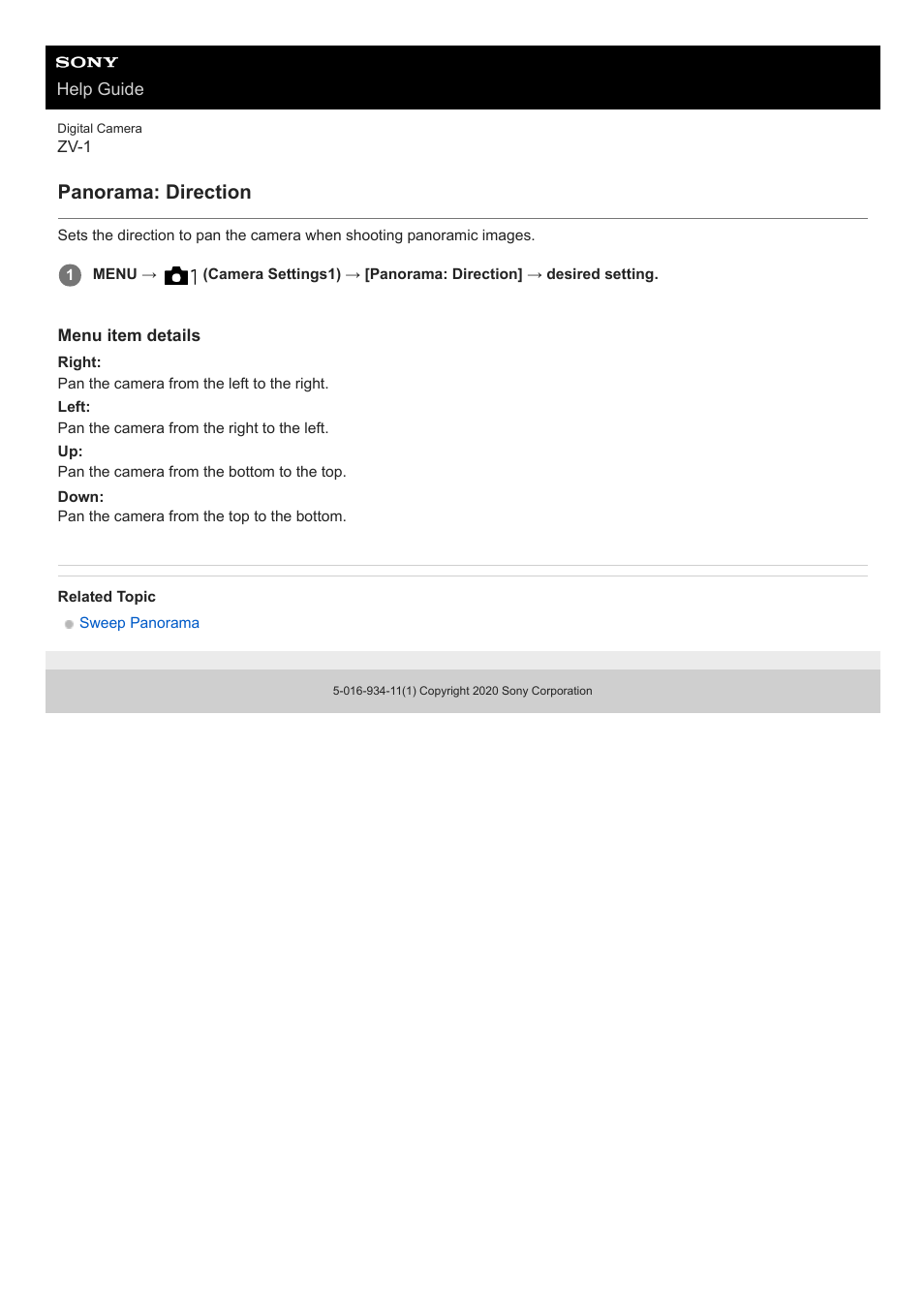 Panorama: direction | Sony Airpeak S1 Professional Drone User Manual | Page 111 / 555