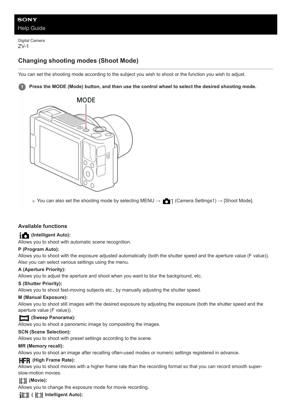 Changing shooting modes (shoot mode) | Sony Airpeak S1 Professional Drone User Manual | Page 112 / 555