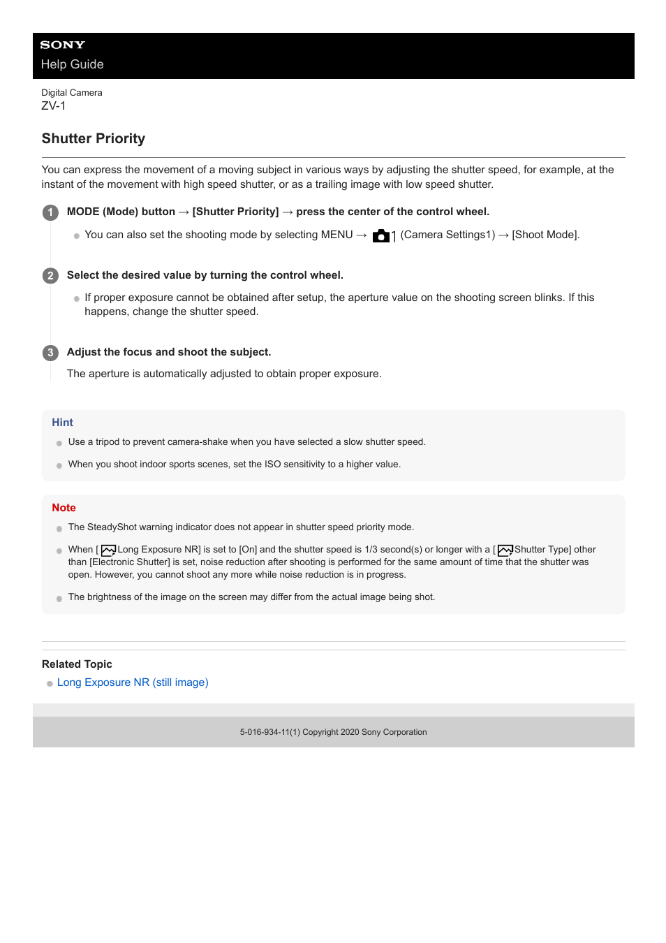 Shutter priority, Help guide | Sony Airpeak S1 Professional Drone User Manual | Page 118 / 555