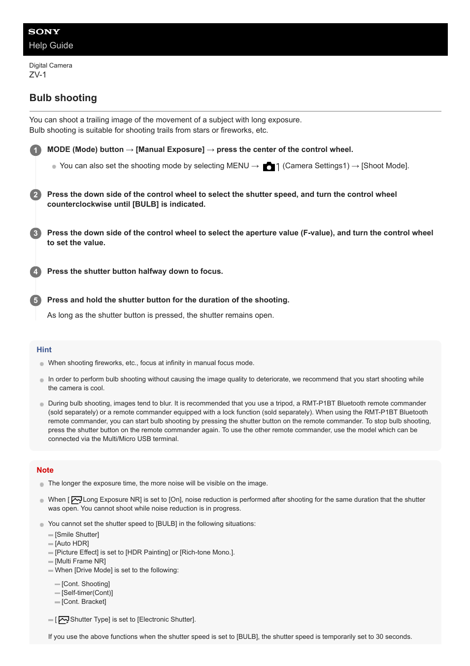 Bulb shooting, Help guide | Sony Airpeak S1 Professional Drone User Manual | Page 120 / 555