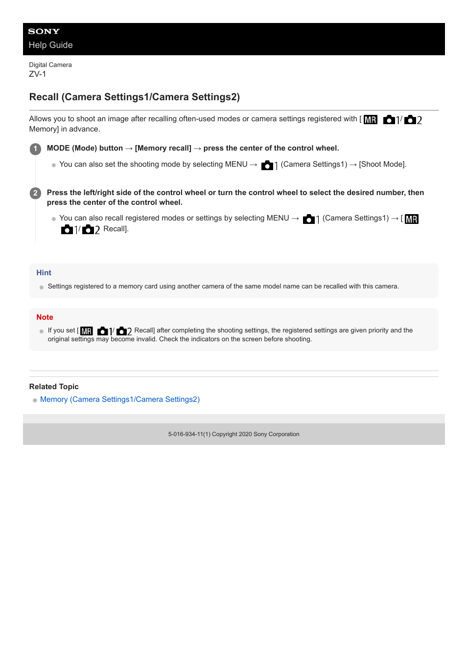 Recall (camera settings1/camera settings2) | Sony Airpeak S1 Professional Drone User Manual | Page 129 / 555