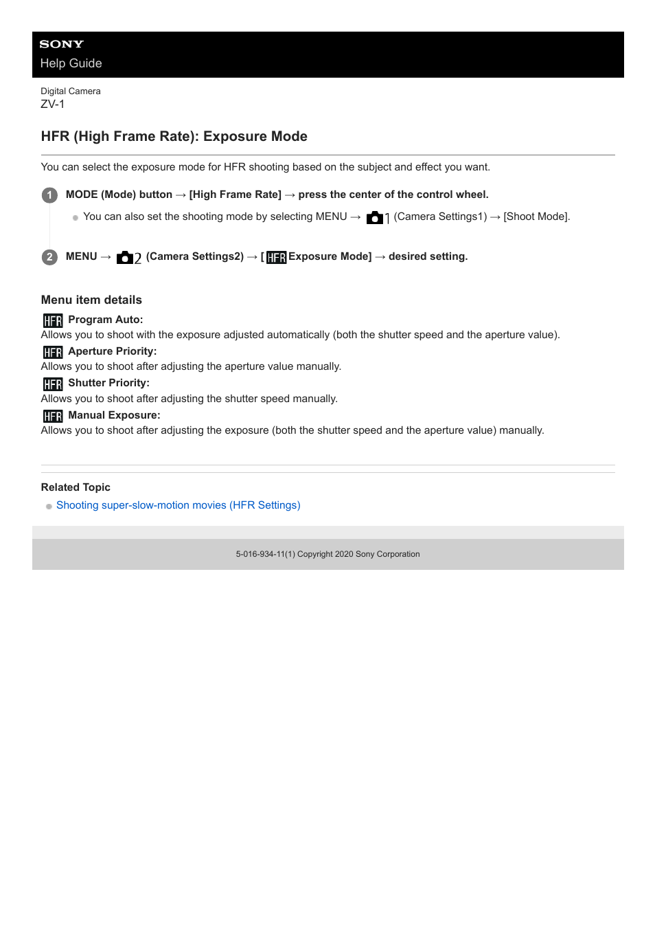 Hfr (high frame rate): exposure mode | Sony Airpeak S1 Professional Drone User Manual | Page 130 / 555