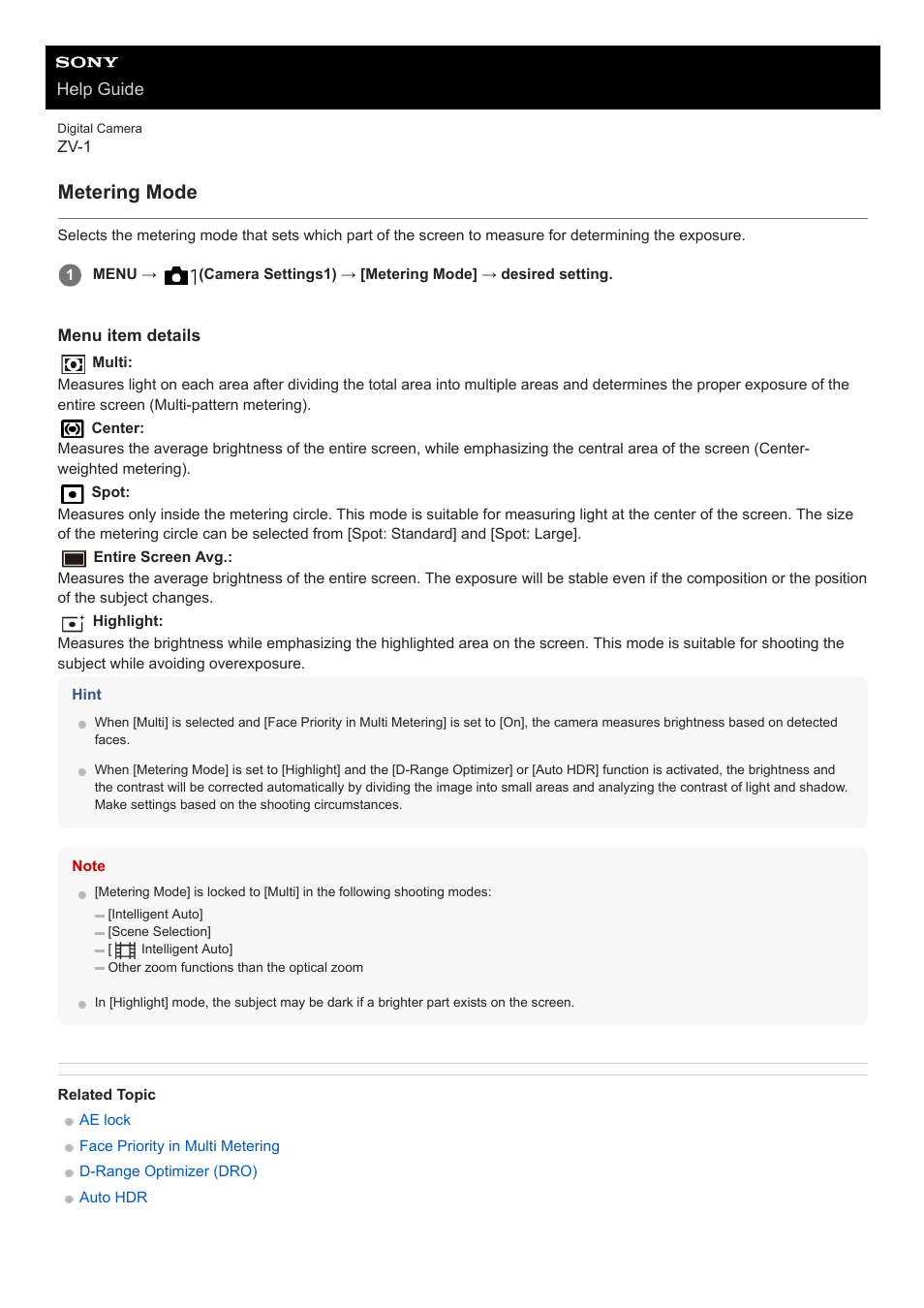 Metering mode | Sony Airpeak S1 Professional Drone User Manual | Page 137 / 555