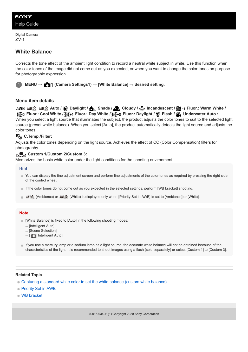 White balance | Sony Airpeak S1 Professional Drone User Manual | Page 156 / 555