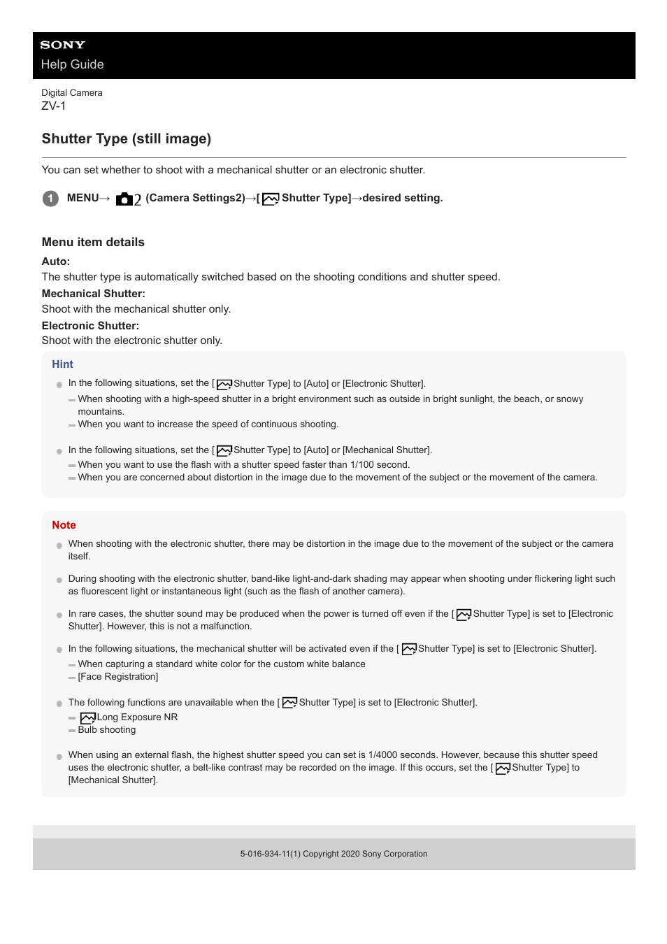 Shutter type (still image), Help guide | Sony Airpeak S1 Professional Drone User Manual | Page 166 / 555