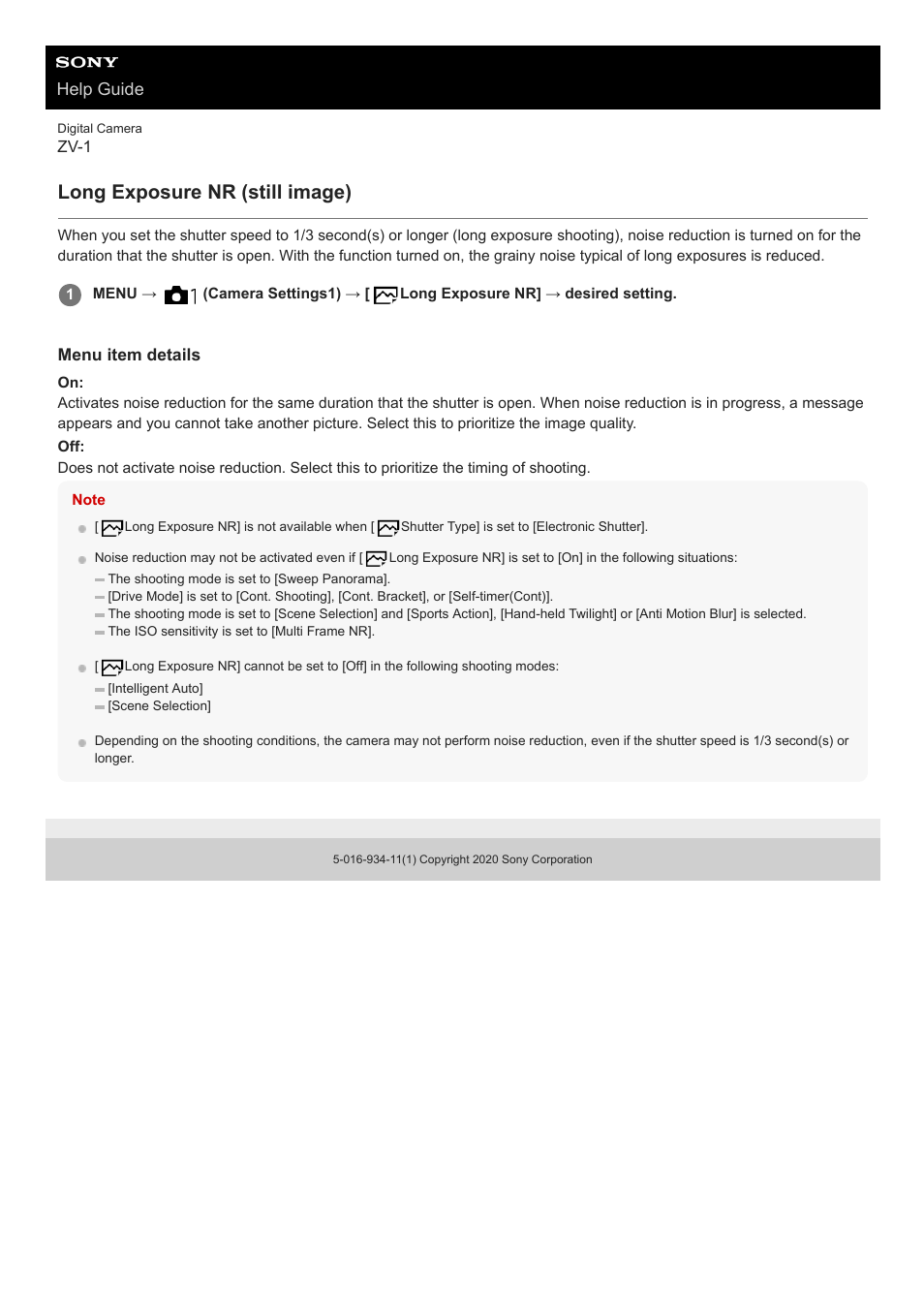Long exposure nr (still image), Help guide | Sony Airpeak S1 Professional Drone User Manual | Page 169 / 555