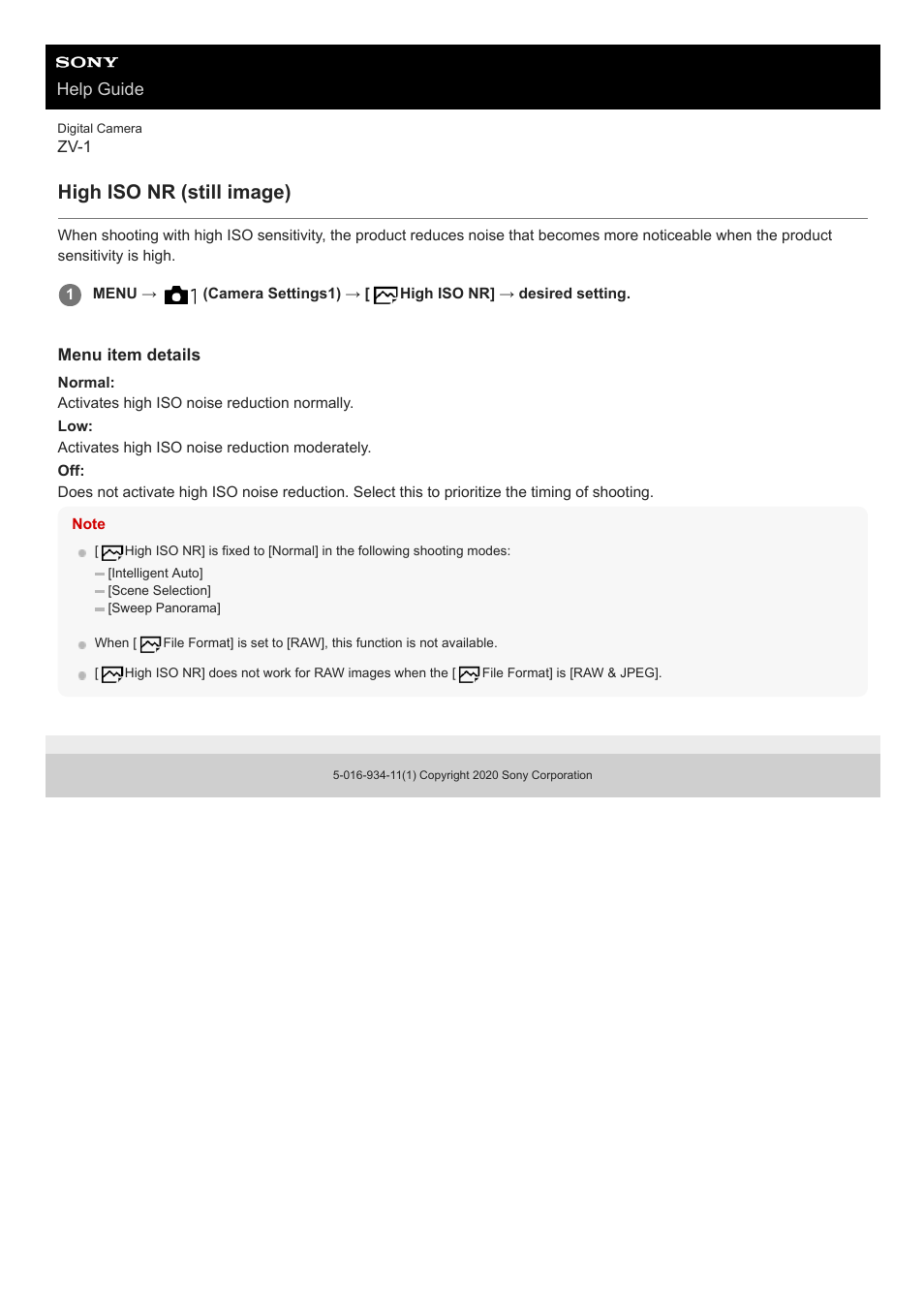 High iso nr (still image), Help guide | Sony Airpeak S1 Professional Drone User Manual | Page 170 / 555