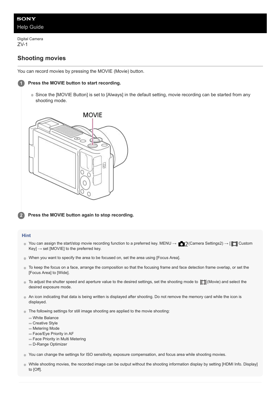 Shooting movies, Help guide | Sony Airpeak S1 Professional Drone User Manual | Page 180 / 555