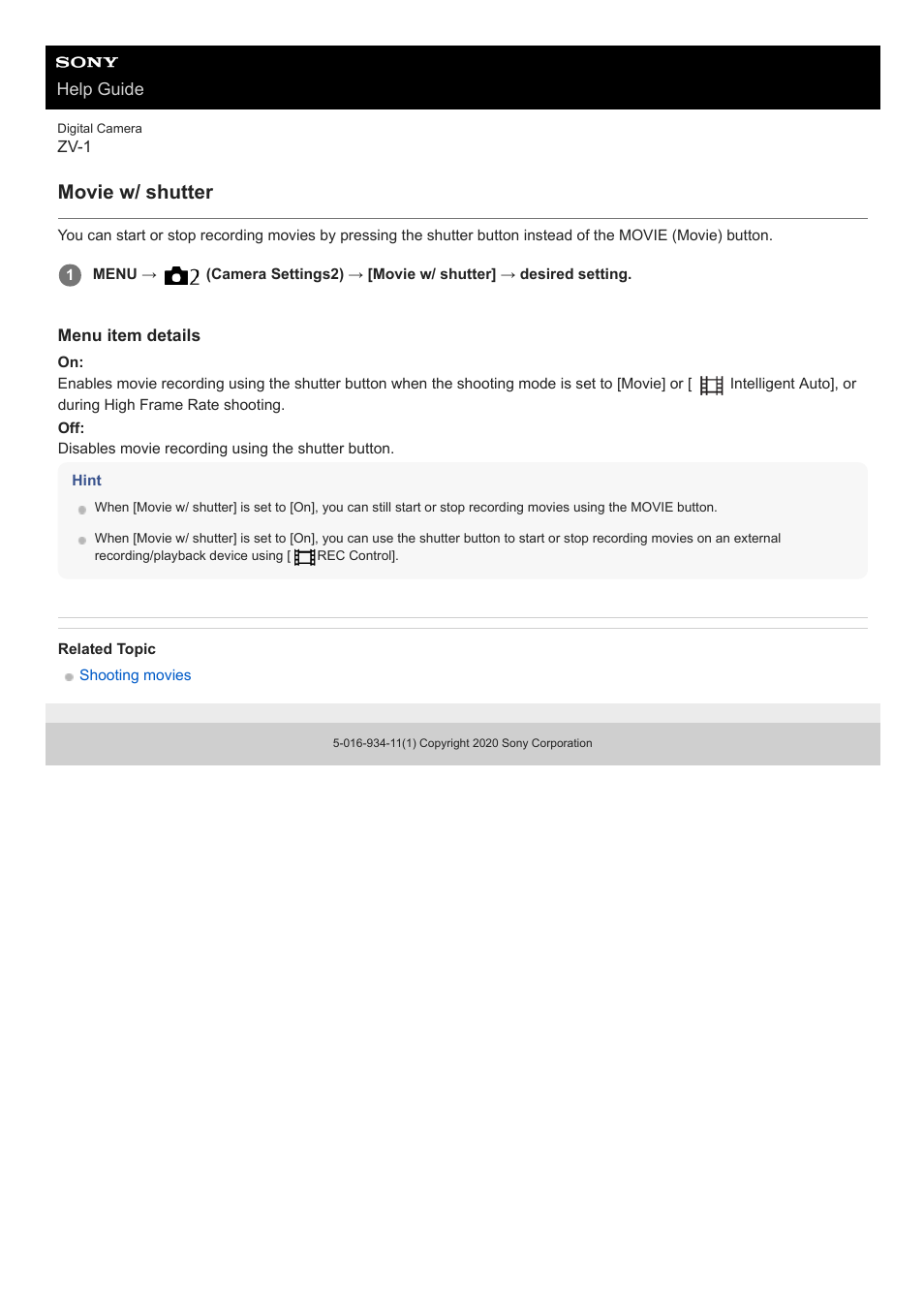 Movie w/ shutter | Sony Airpeak S1 Professional Drone User Manual | Page 182 / 555