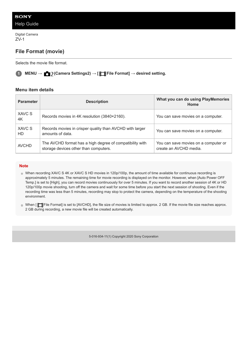 File format (movie) | Sony Airpeak S1 Professional Drone User Manual | Page 184 / 555