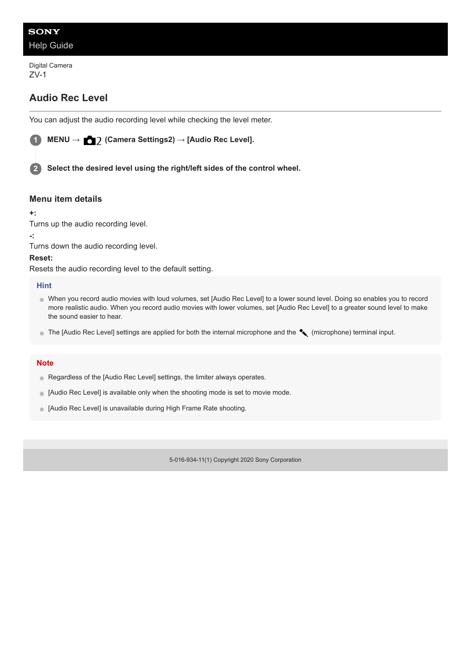 Audio rec level | Sony Airpeak S1 Professional Drone User Manual | Page 199 / 555