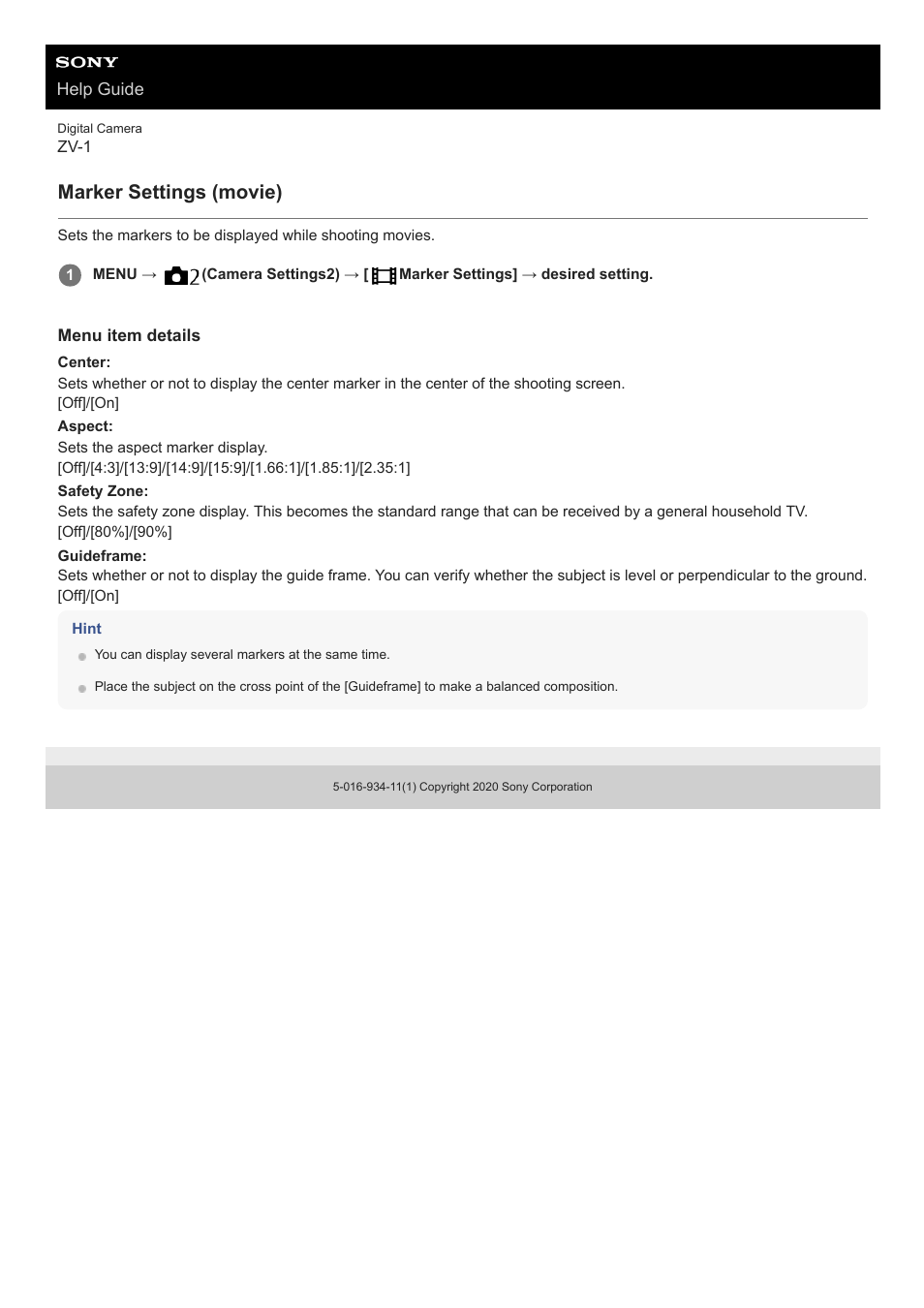 Marker settings (movie) | Sony Airpeak S1 Professional Drone User Manual | Page 216 / 555