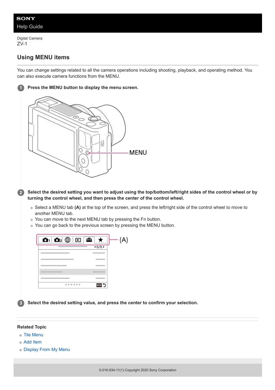 Using menu items | Sony Airpeak S1 Professional Drone User Manual | Page 23 / 555