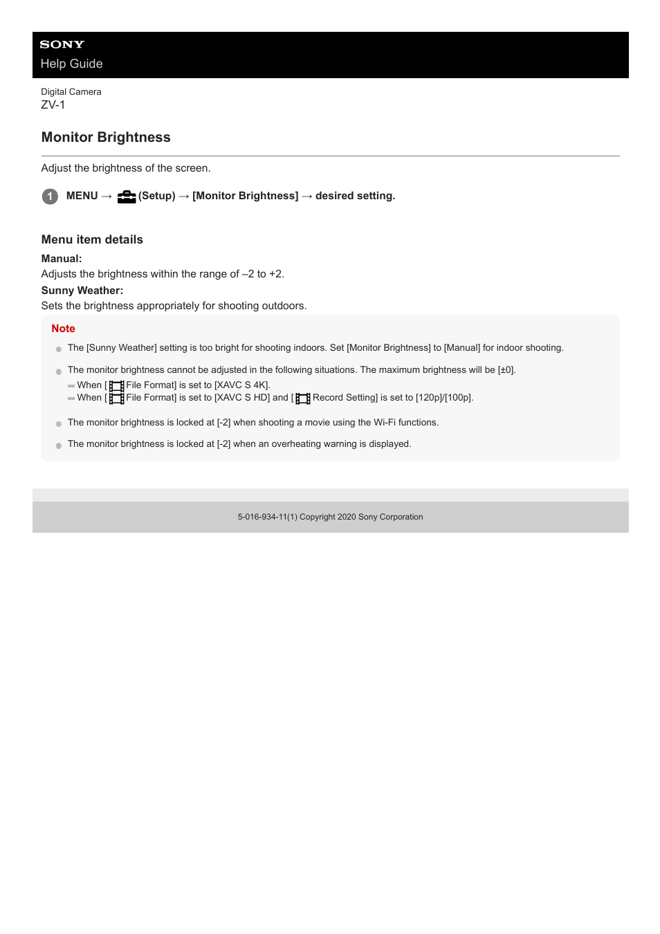 Monitor brightness, Help guide | Sony Airpeak S1 Professional Drone User Manual | Page 258 / 555