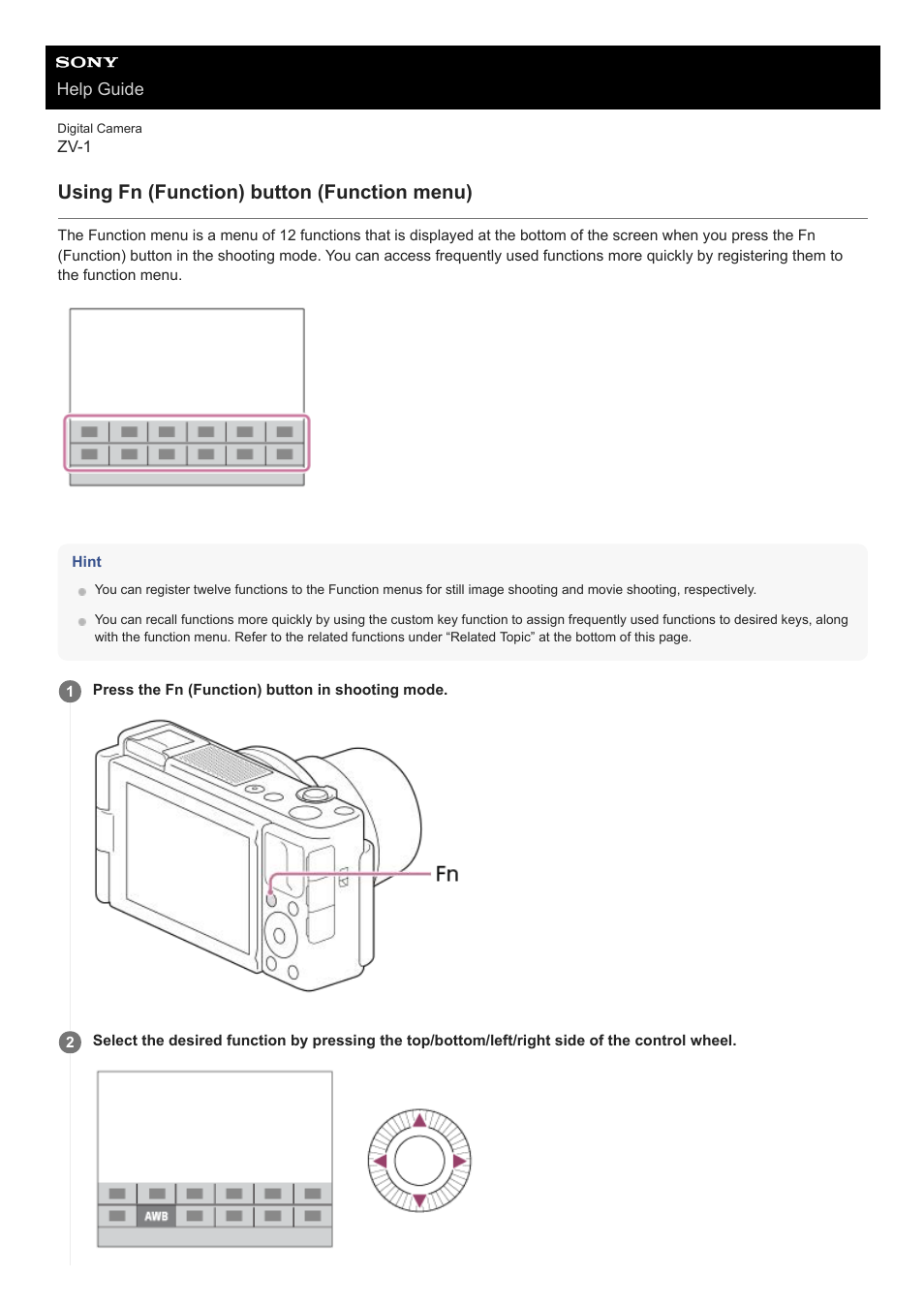 Using fn (function) button (function menu) | Sony Airpeak S1 Professional Drone User Manual | Page 26 / 555