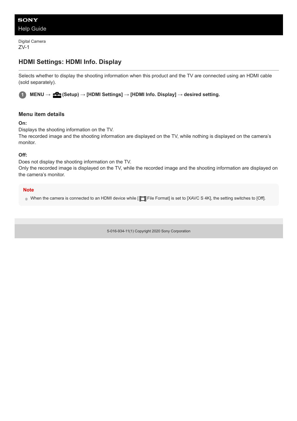 Hdmi settings: hdmi info. display | Sony Airpeak S1 Professional Drone User Manual | Page 277 / 555