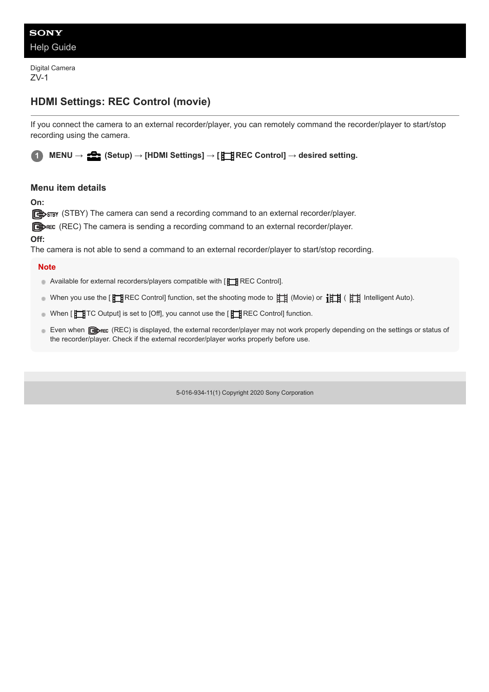 Hdmi settings: rec control (movie), Help guide | Sony Airpeak S1 Professional Drone User Manual | Page 279 / 555