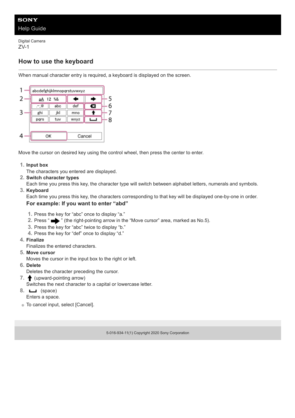 How to use the keyboard | Sony Airpeak S1 Professional Drone User Manual | Page 28 / 555
