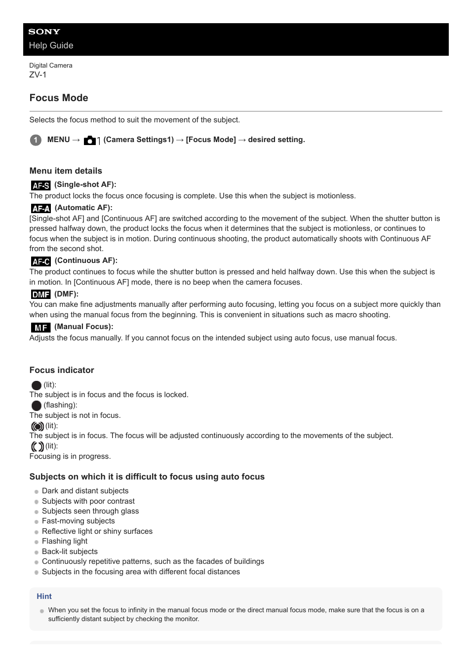 Focus mode | Sony Airpeak S1 Professional Drone User Manual | Page 351 / 555