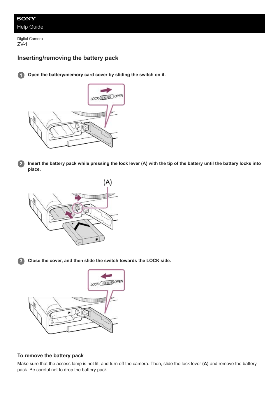 Inserting/removing the battery pack | Sony Airpeak S1 Professional Drone User Manual | Page 39 / 555