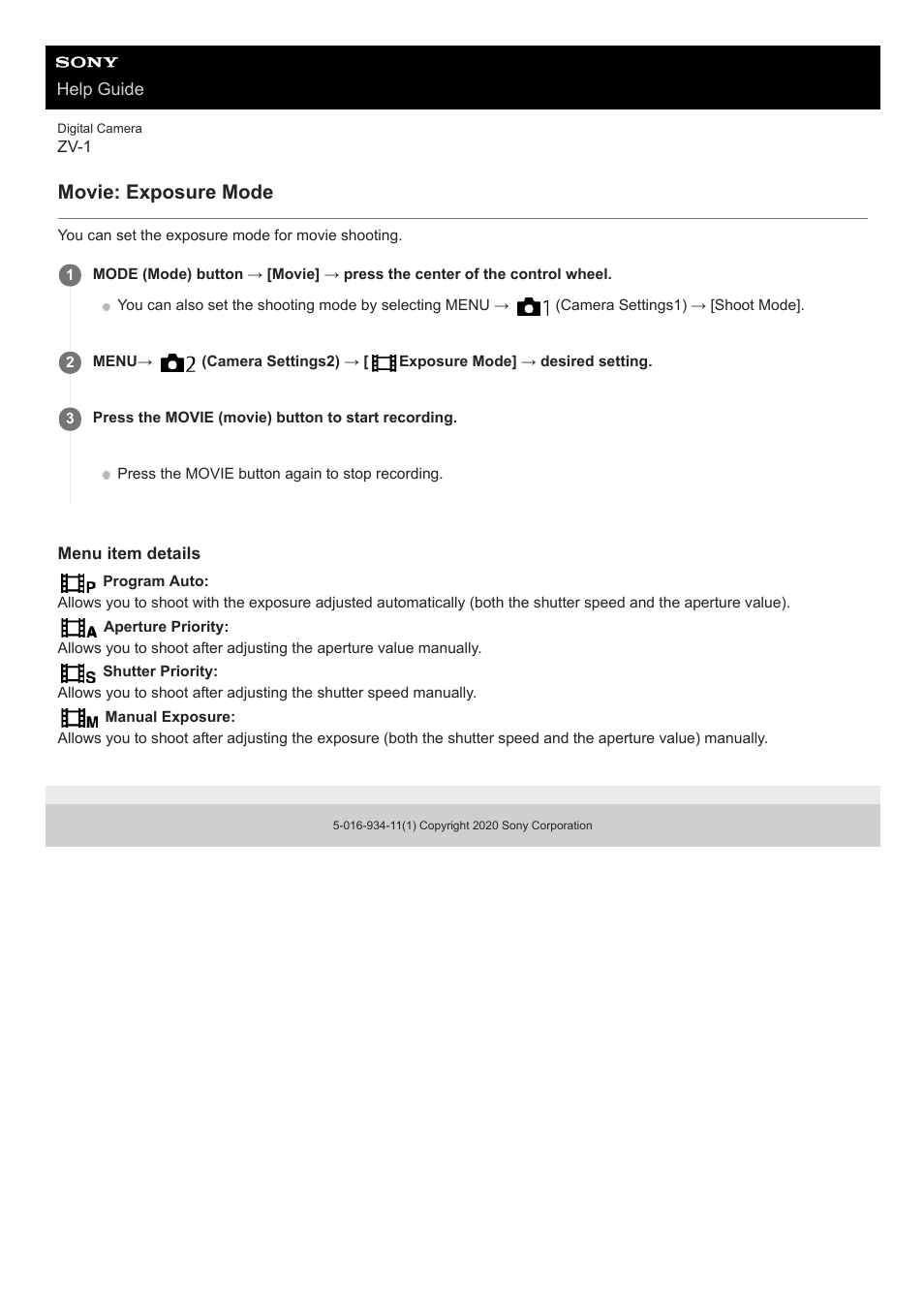 Movie: exposure mode | Sony Airpeak S1 Professional Drone User Manual | Page 403 / 555