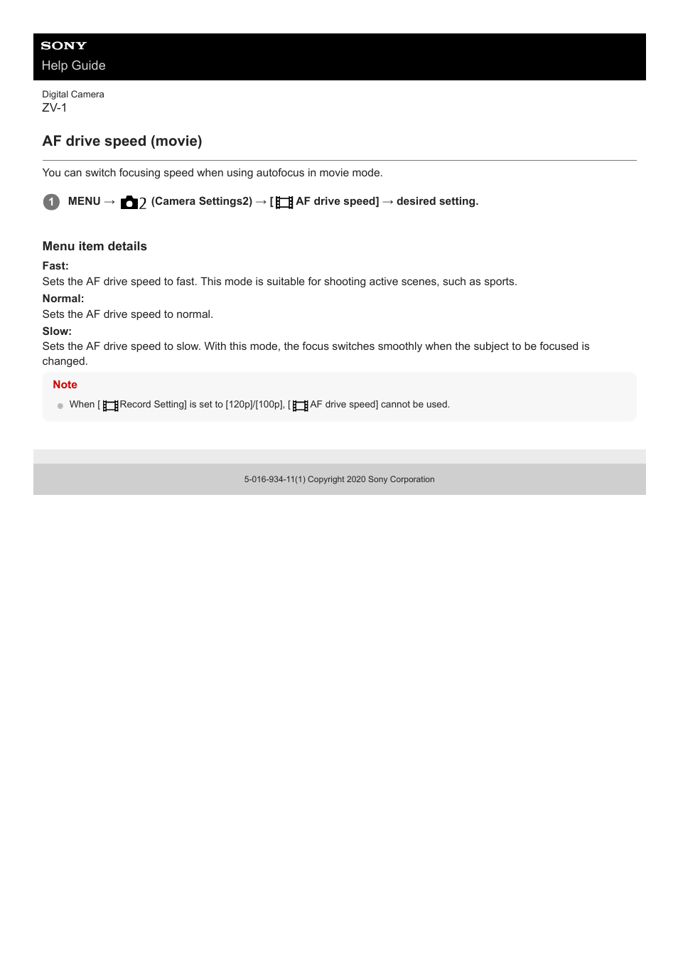 Af drive speed (movie) | Sony Airpeak S1 Professional Drone User Manual | Page 416 / 555